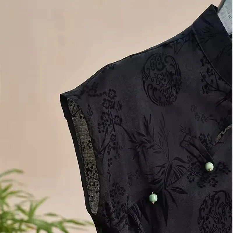 Blusa Jacquard Estilo Chino para Mujer – Top Cheongsam Vintage de Manga Corta, Camisa de Verano con Solapa Asimétrica