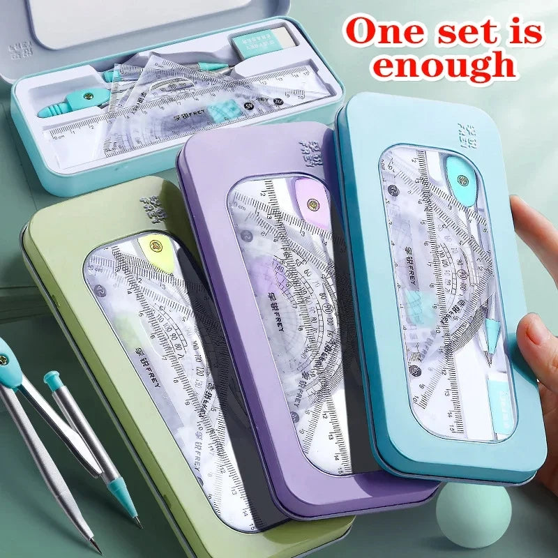 7PCS Geometry Ruler Set – Compass, Triangle Ruler & Protractor Student Math Kit in Storage Box