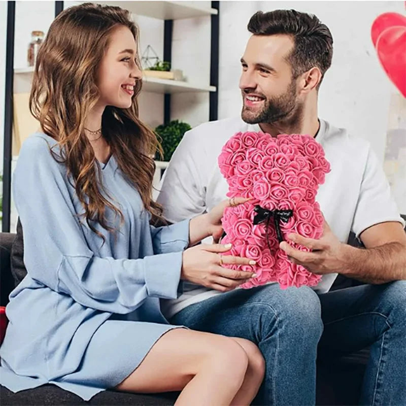 Oso de rosas artificiales de 25 cm con caja de regalo – Regalo romántico para ella en San Valentín, aniversario y boda