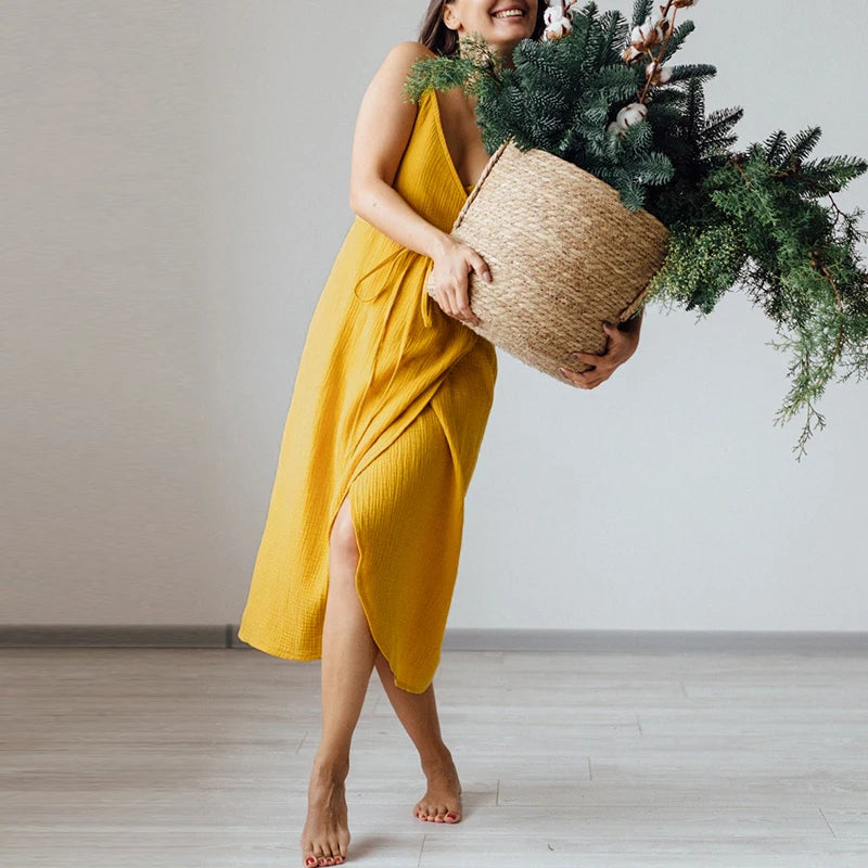 Vintage Women's Maxi Dress 100% Cotton Crepe Gauze V-Neck Sleeveless Bandage Long Elegant Summer Dress