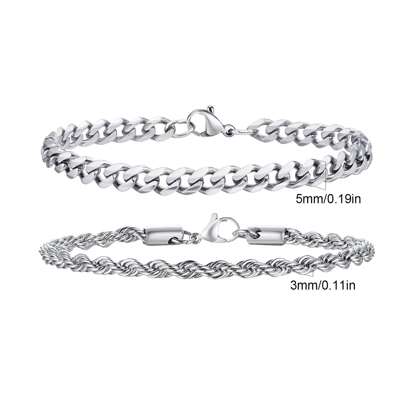 2-Piece Men's Chain Bracelet Set – Stainless Steel Twist Rope & Cuban Link Wristbands in Silver, Gold & Black | Fashion Jewelry Gift