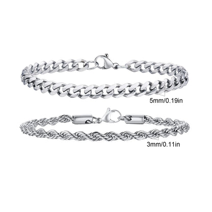 2-Piece Men's Chain Bracelet Set – Stainless Steel Twist Rope & Cuban Link Wristbands in Silver, Gold & Black | Fashion Jewelry Gift