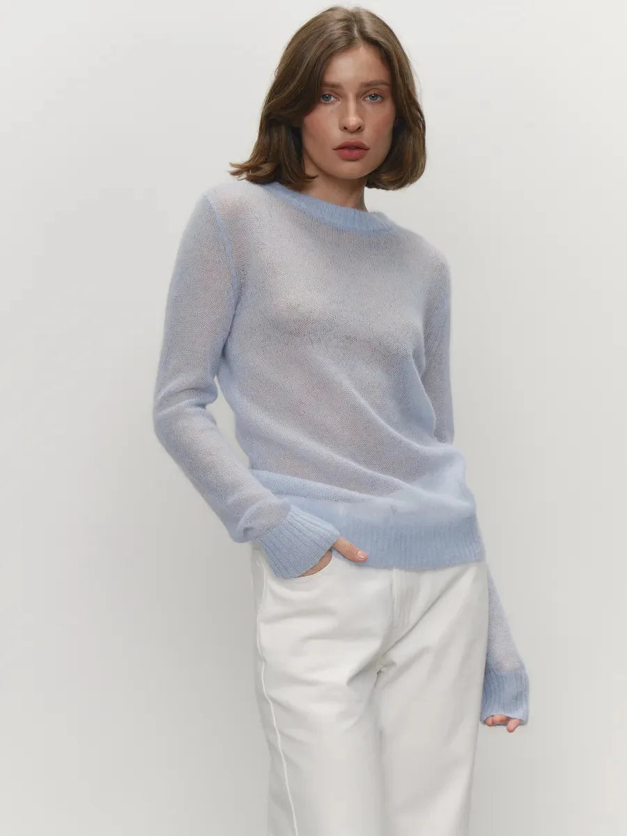 Women’s Classic Mohair Knitted Sweater Top Spring Summer Loose O-Neck Micro Sheer Cool Knit Shirt