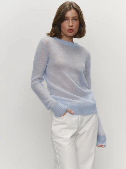 Women’s Classic Mohair Knitted Sweater Top Spring Summer Loose O-Neck Micro Sheer Cool Knit Shirt