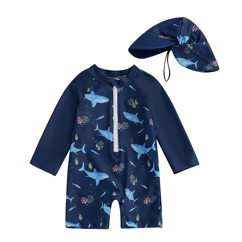 Kids Shark Print Rash Guard Swimwear Set – Long Sleeve Half Zip-Up Bathing Suit with Sun Hat, 2-Piece Toddler Boys’ Swimsuit for 0-5 Years, UV Protective Beachwear for Pool, Swimming & Summer Activities