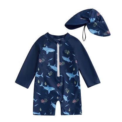 Kids Shark Print Rash Guard Swimwear Set – Long Sleeve Half Zip-Up Bathing Suit with Sun Hat, 2-Piece Toddler Boys’ Swimsuit for 0-5 Years, UV Protective Beachwear for Pool, Swimming & Summer Activities
