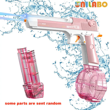 Pistola de agua eléctrica Unilabo M416 – Lanza agua automática a batería con accesorio de botella externa para diversión veraniega al aire libre para niños y adultos