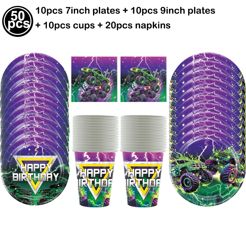 Monster Truck Birthday Party Supplies – Disposable Plates, Napkins, Banner & Tablecloth for Kids' Boys' 2nd Birthday Decorations