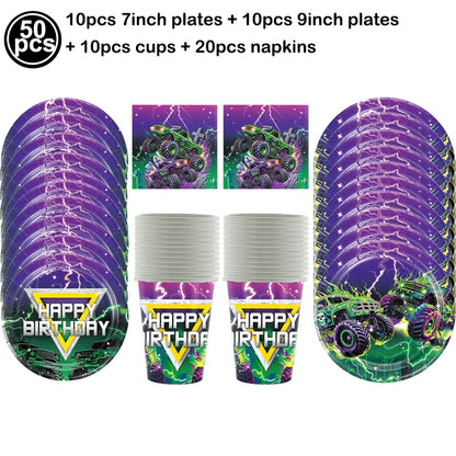 Monster Truck Birthday Party Supplies – Disposable Plates, Napkins, Banner & Tablecloth for Kids' Boys' 2nd Birthday Decorations