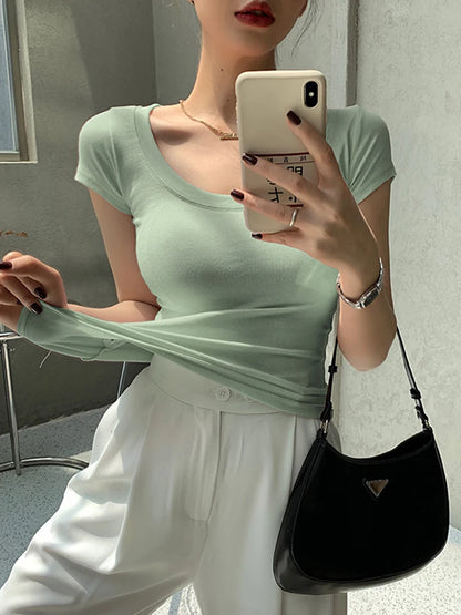 2026 Summer Women’s 100% Cotton Slim T-Shirt Casual Basic O-Neck Solid Korean Style Tee 16 Colors