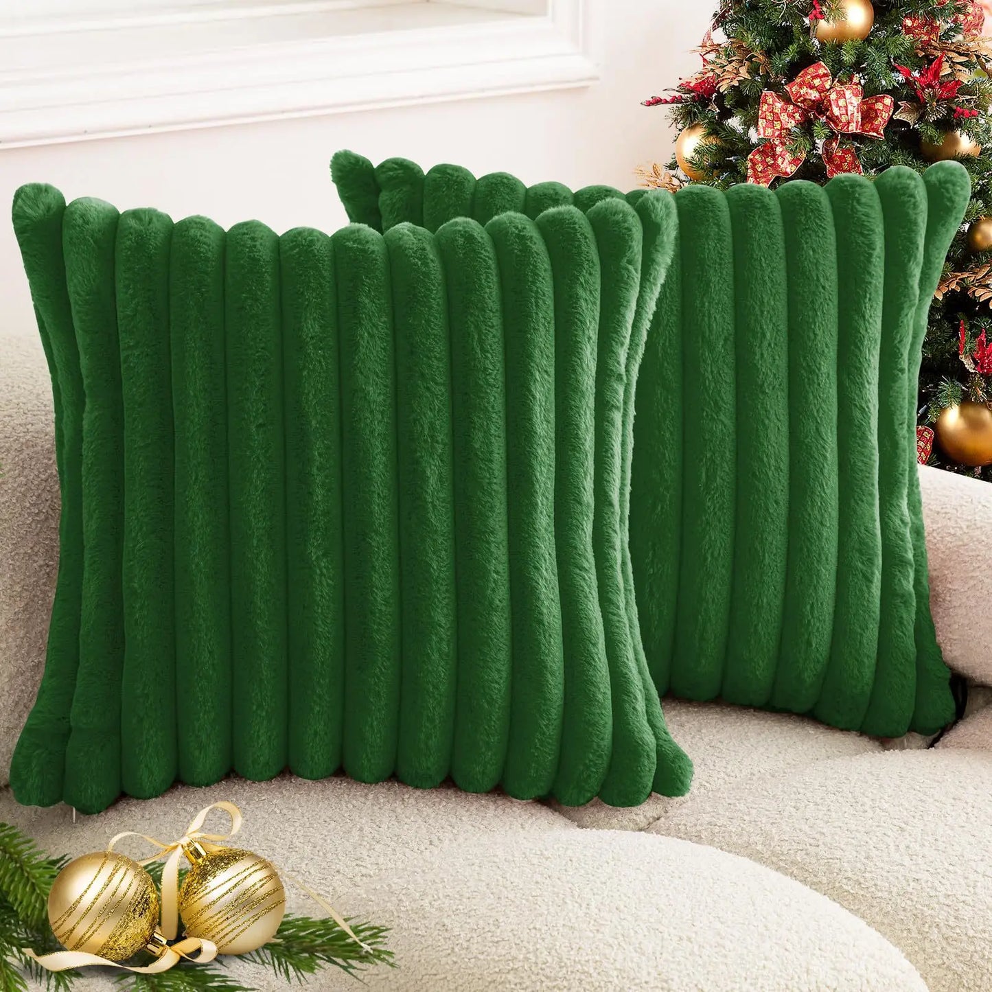 Faux Rabbit Fur Throw Pillow Cover - Ultra Soft Striped Decorative Cushion Cover for Sofa, Bed & Living Room (40x40 & 45x45 cm)