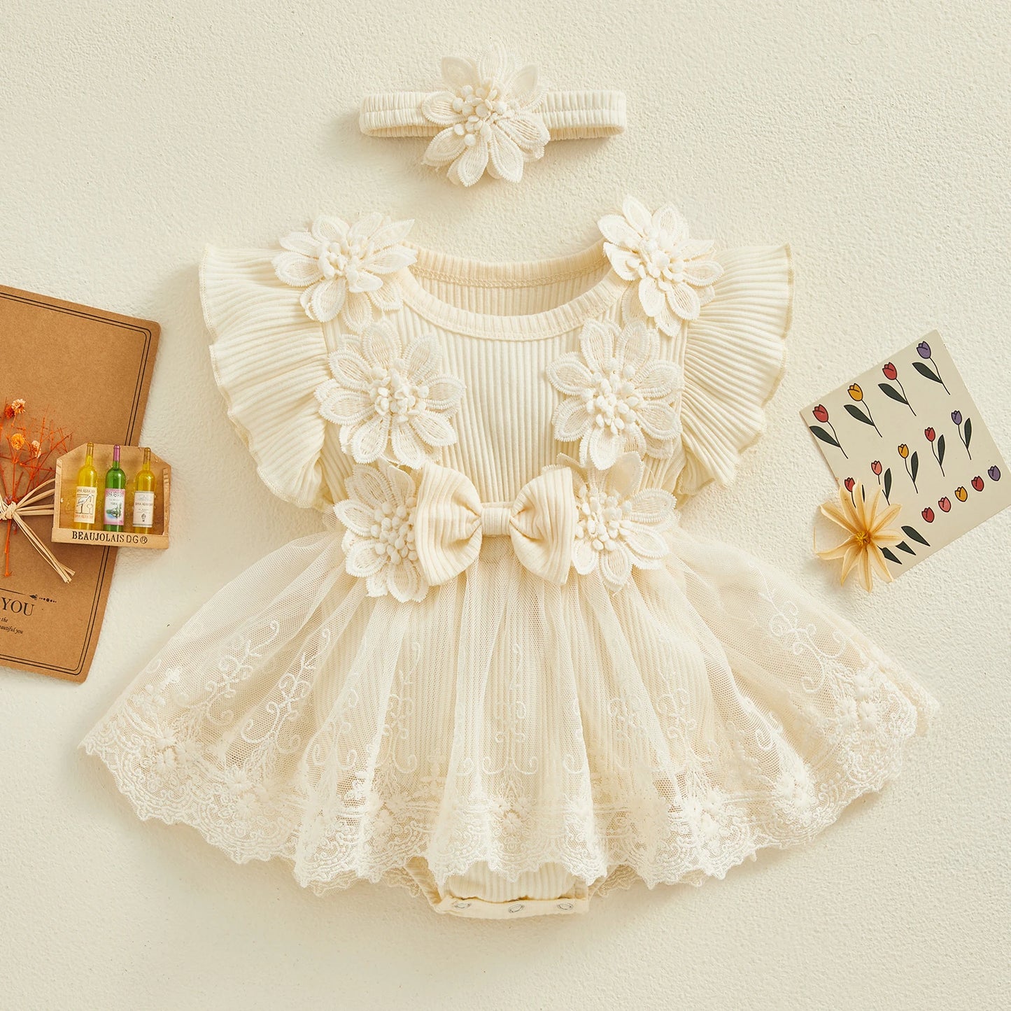 Vestido de mameluco 3D con flores para bebé – Body de malla de princesa de verano con volantes de encaje, conjunto de recién nacido con diadema a juego, ropa linda para niños para ocasiones especiales y uso diario
