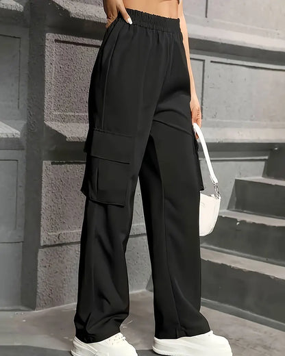 Women’s High Waist Wide Leg Workwear Pants Elastic Waist Loose Casual Solid Color Sports Pants