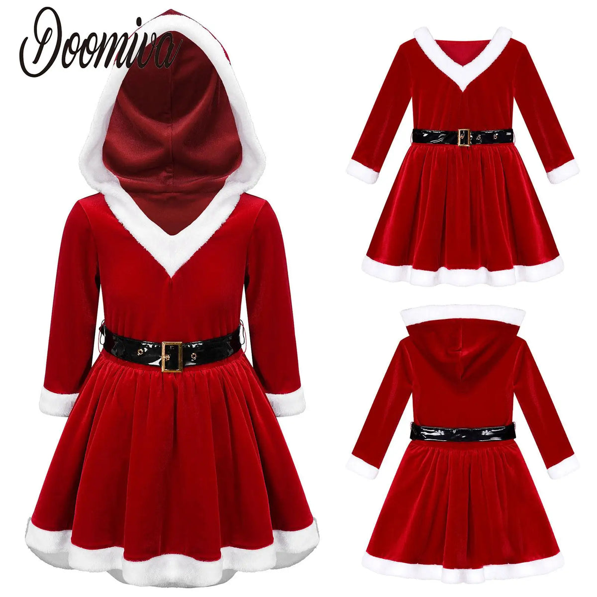 Little Girls Christmas Santa Claus Costume Dress, Hooded Velvet Princess Tutu Dress, Cute Xmas Party Cosplay Outfit for Holiday Celebrations, Dance Performances, Stage Shows and Festive Events