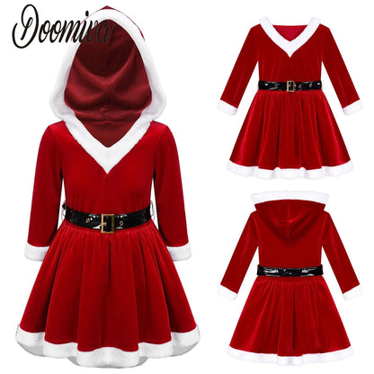 Little Girls Christmas Santa Claus Costume Dress, Hooded Velvet Princess Tutu Dress, Cute Xmas Party Cosplay Outfit for Holiday Celebrations, Dance Performances, Stage Shows and Festive Events
