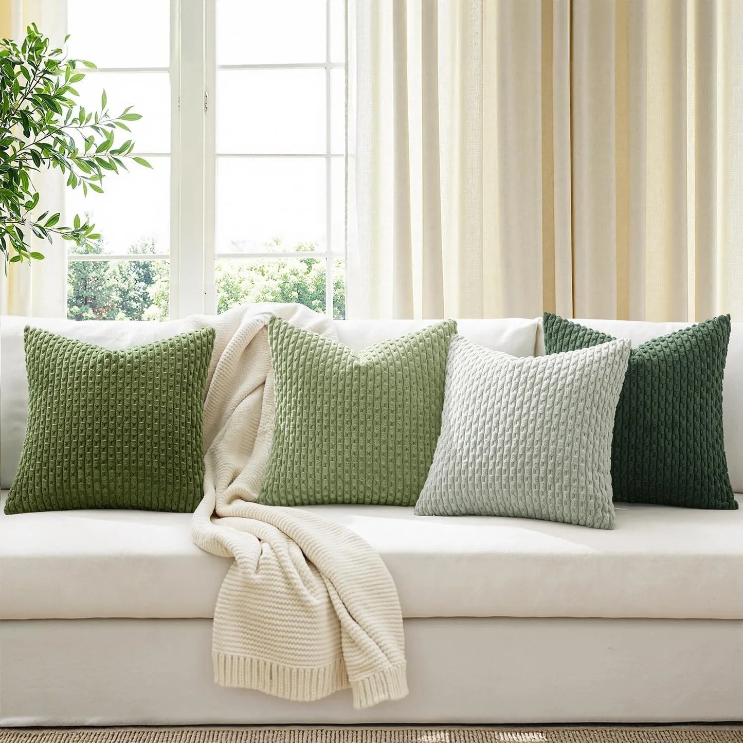 Funda de almohada a rayas verdes de pana - Funda de cojín decorativa rústica bohemia de 20x20 pulgadas para sofá y sala de estar
