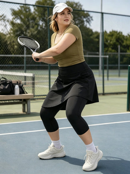 Women's Plus Size Skirted Capri Leggings – Knee-Length Skort with High-Waist Capris, Zipper Pockets & Comfortable Layered Design