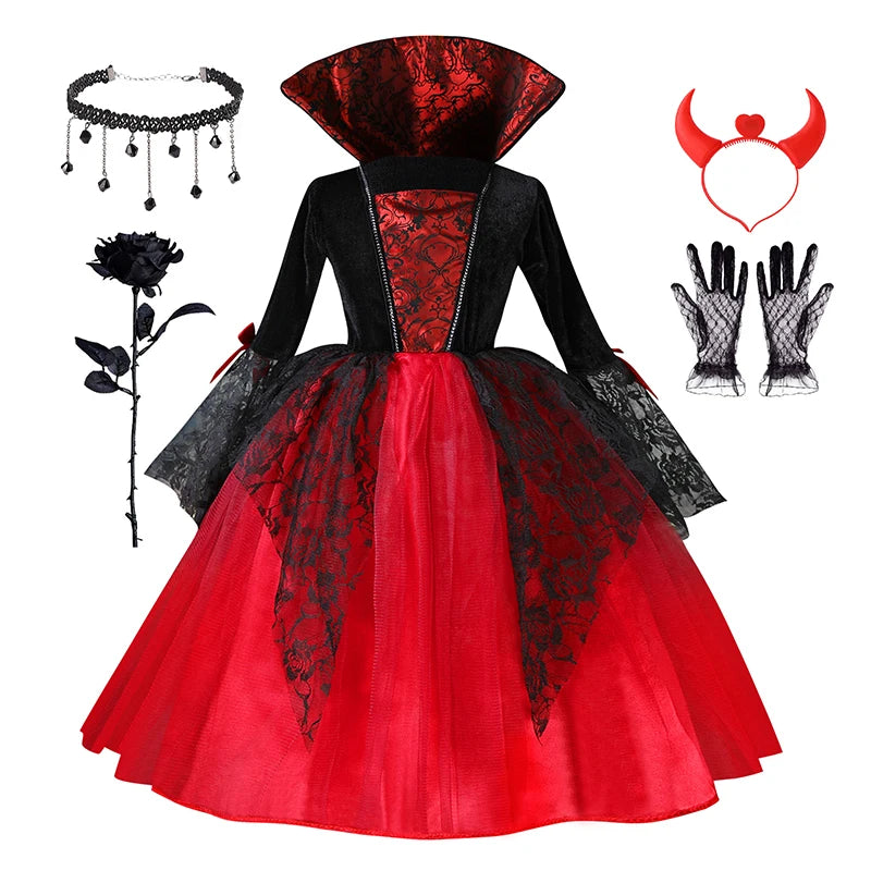 Girls’ Vampire Devil Cosplay Costume Set – Complete Halloween Party Outfit with Accessories, Holiday Dress-Up Costume & Gift