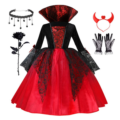Girls’ Vampire Devil Cosplay Costume Set – Complete Halloween Party Outfit with Accessories, Holiday Dress-Up Costume & Gift