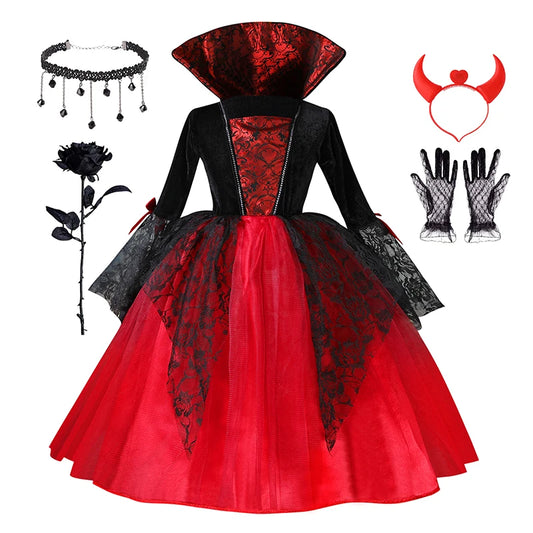 Girls’ Vampire Devil Cosplay Costume Set – Complete Halloween Party Outfit with Accessories, Holiday Dress-Up Costume & Gift