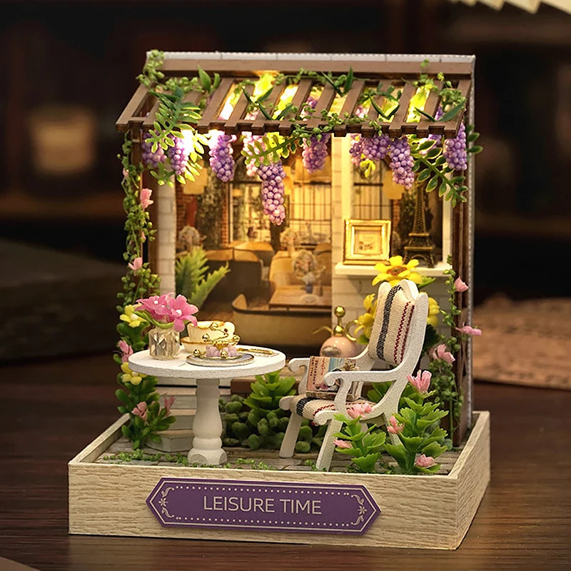 Wooden Dollhouse 3D Puzzle Kit – DIY Miniature Room Model with Furniture & LED Lights Home Decoration