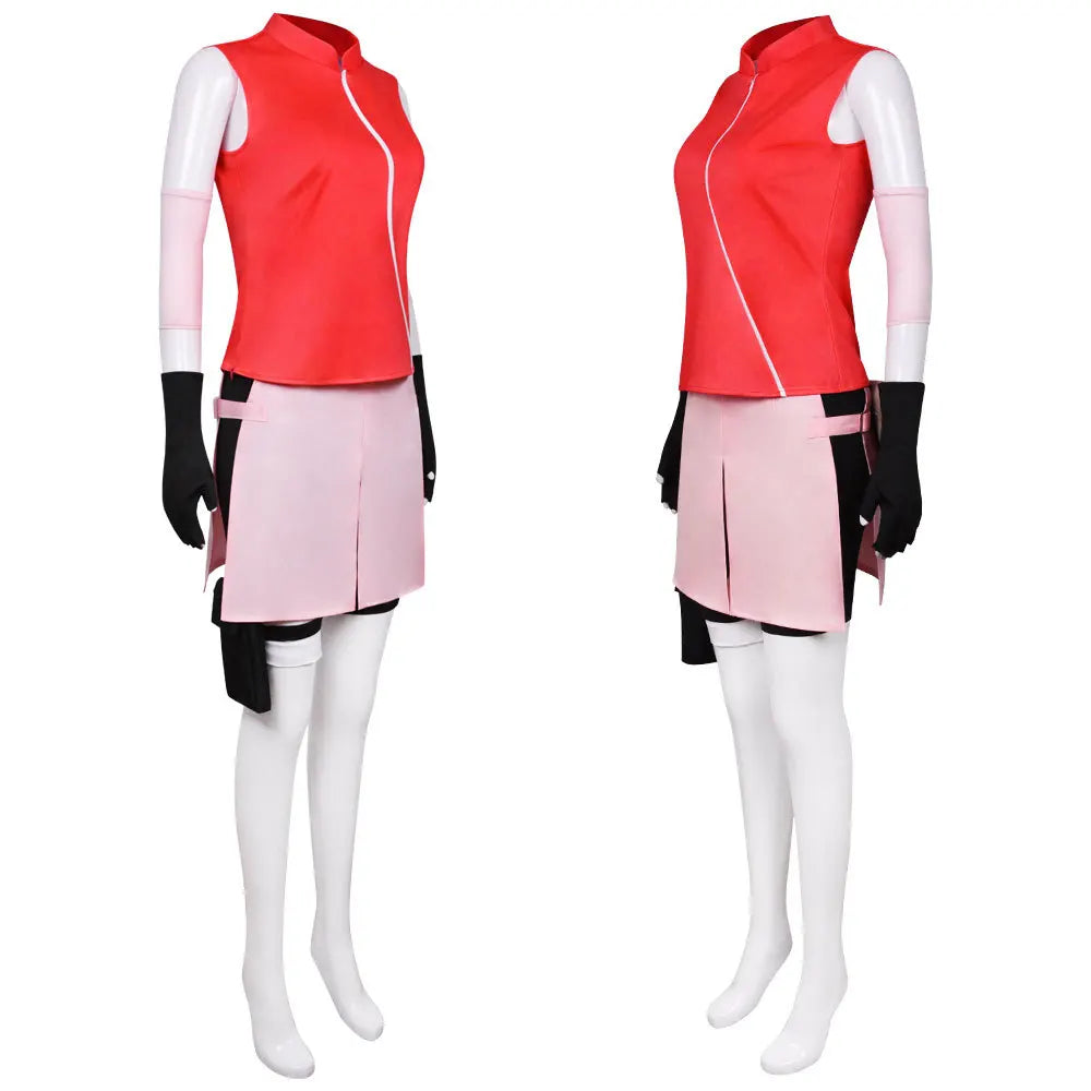 Anime Sakura Cosplay Costume – Ninja Battle Suit (Red Top, Pink Skirt, Bag Full Set for Halloween/Stage Party)