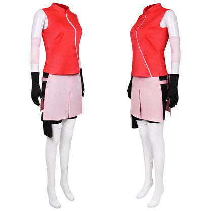 Anime Sakura Cosplay Costume – Ninja Battle Suit (Red Top, Pink Skirt, Bag Full Set for Halloween/Stage Party)