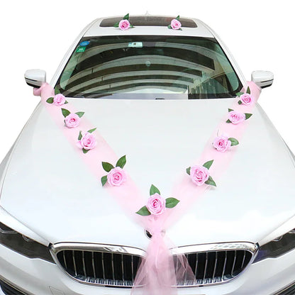 Décoration de voiture de mariage artificielle rose blanche – Ruban de fleurs en soie pour véhicules de mariée et poignées de porte
