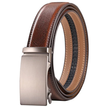 Plyesxale Men's Brown Leather Belt 2026 – Automatic Buckle Vintage Belt for Jeans, Luxury-Style Casual Waist Strap, Ceinture Homme B9