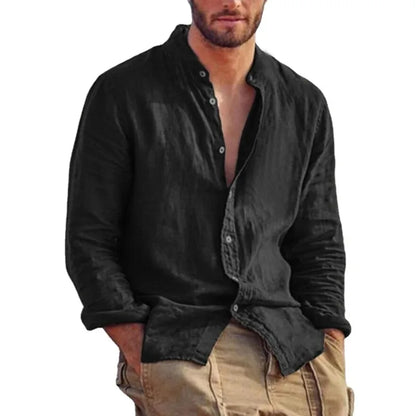 Men's Linen Long Sleeve Shirt – Stand Collar Casual Top, Lightweight Breathable Solid Color Hawaiian Style Shirt