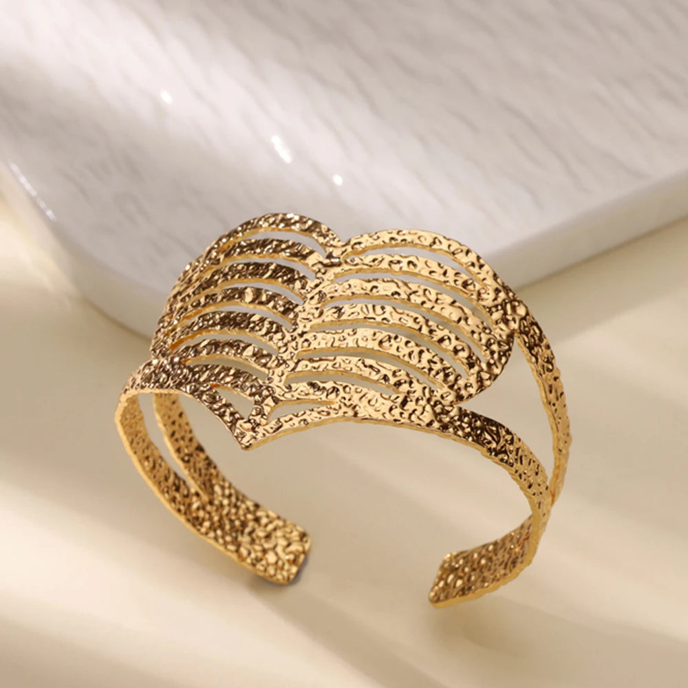 Stainless Steel Open Flower & Leaf Bangle Bracelet – Gold Geometric Cuff Bracelet for Women & Men | Minimalist Fashion Jewelry