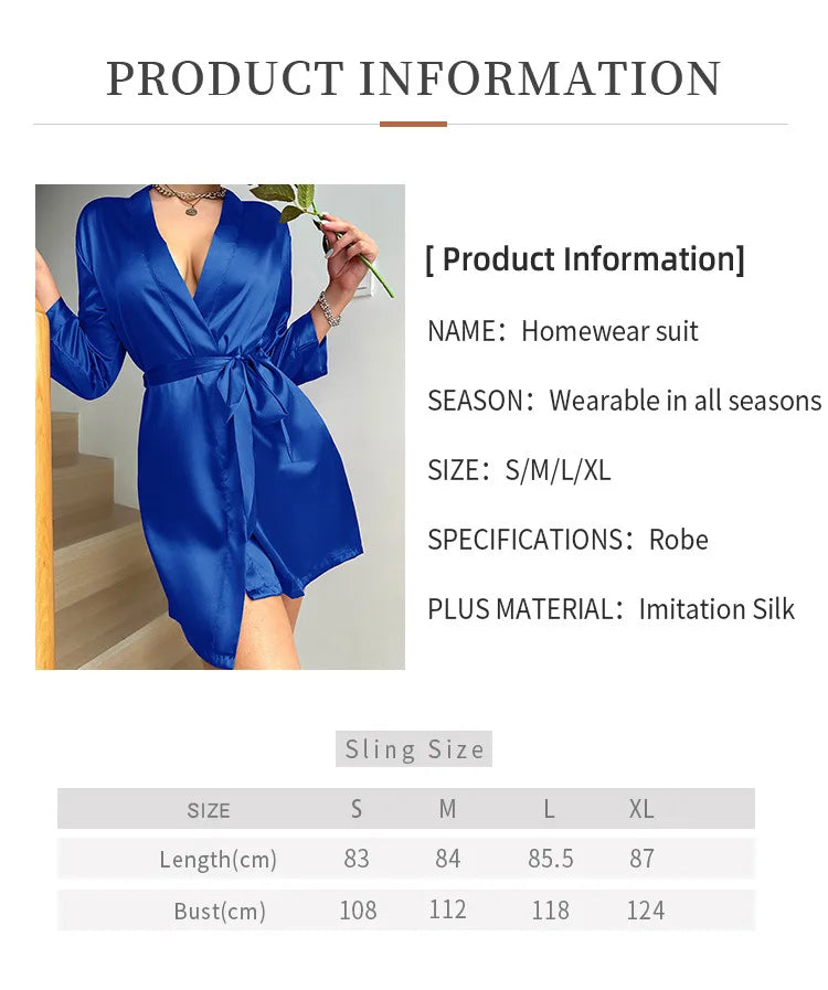 Women’s Summer Ice Silk Robe – Sexy Lace-Up Bathrobe Morning Gown Home Dress Loungewear