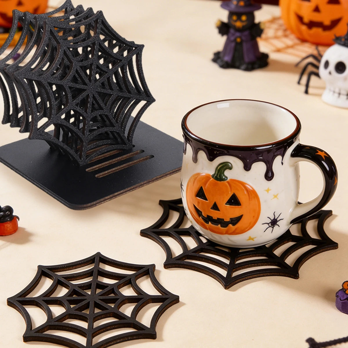 Halloween Spider Web Placemat and Coaster Set, Wooden Spider Web Table Decor with Storage Base, Gothic Halloween Party Table Accessories, Spooky Home Decoration and Party Supplies
