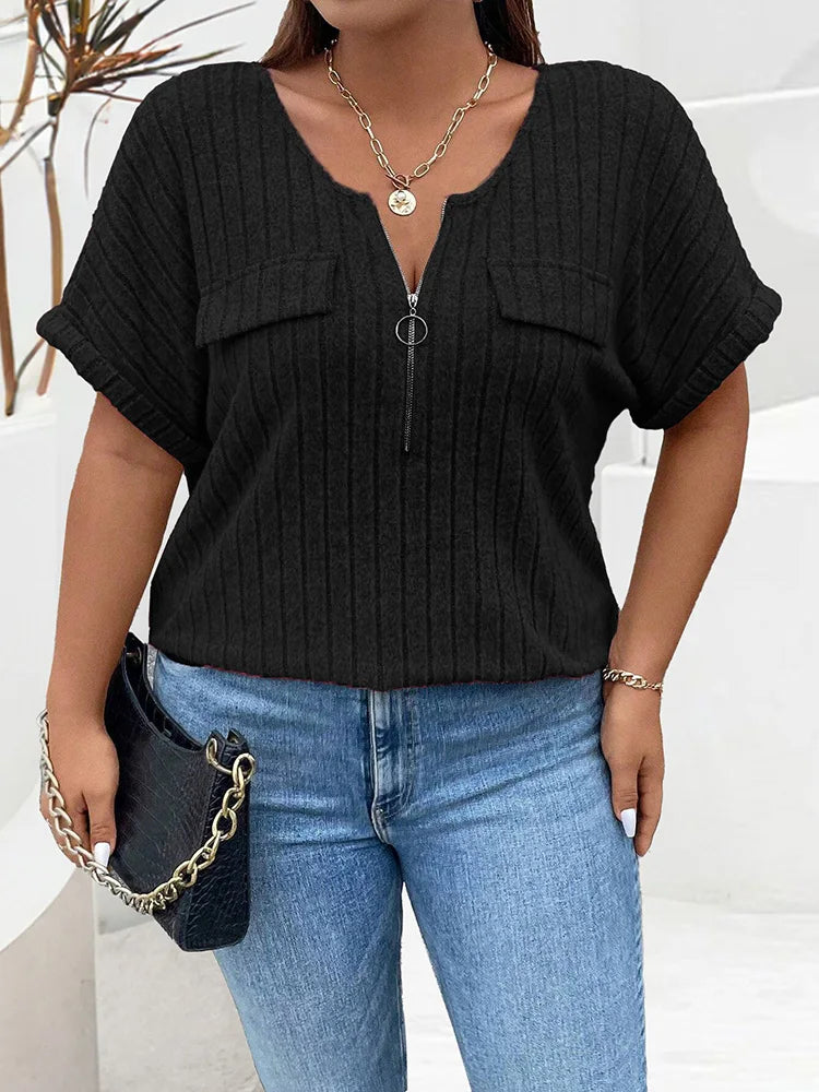 GIBSIE Plus Size Women's Ribbed T-Shirt – O-Neck Short Sleeve O-Ring Zip Front Casual Summer Top