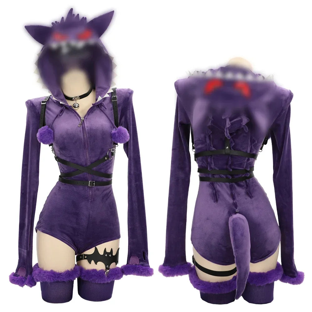 Meowcos Genga Cosplay Costume – Purple Ghost Romper Bodysuit | Hooded Plush Outfit with Belt, Tail & Socks (Halloween / Women)