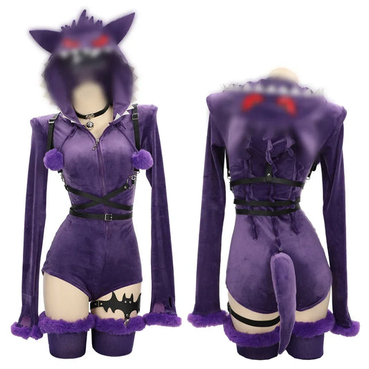 Disfraz de Cosplay de Genga Meowcos – Body Pelele Fantasma Morado | Atuendo de Peluche con Capucha, Cinturón, Cola y Calcetines (Halloween / Mujer)