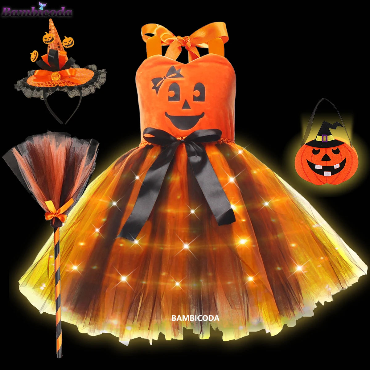 Girls LED Light-Up Witch Costume Dress – Halloween Vampire Cosplay Outfit for Carnival, Masquerade, Performance & Pumpkin Parties