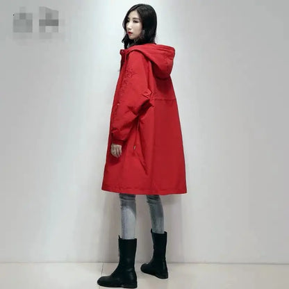 Women’s Long Embroidered Windbreaker – Chic Loose-Fit Coat with Waist-Defining Design, Hong Kong-Inspired Spring & Autumn Outerwear