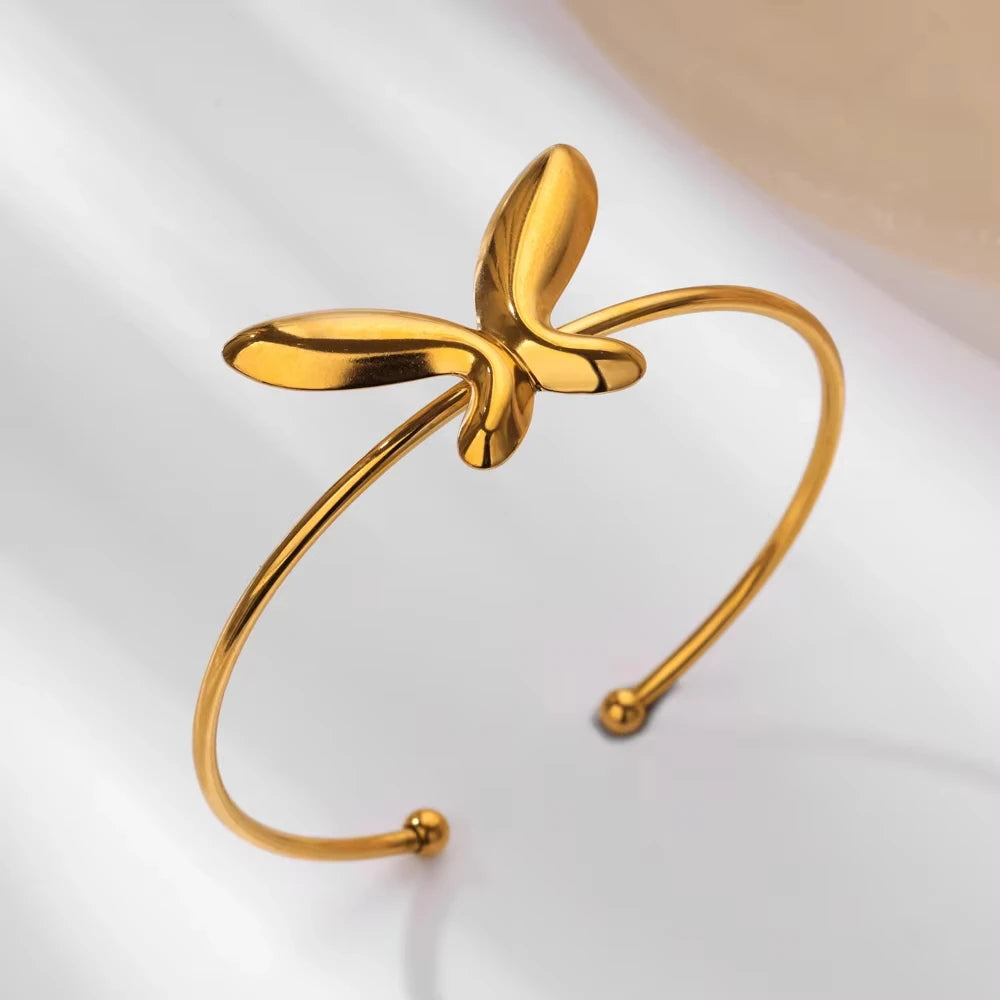 Stainless Steel Open Flower & Leaf Bangle Bracelet – Gold Geometric Cuff Bracelet for Women & Men | Minimalist Fashion Jewelry