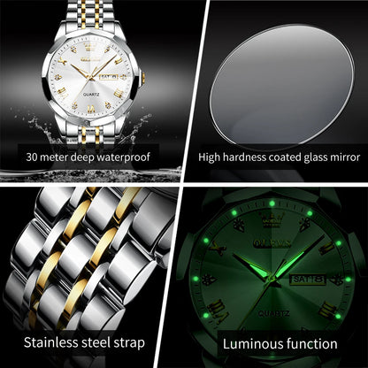 OLEVS 9931 Men’s Quartz Wristwatch – Luxury Diamond-Style Dial, Dual Calendar, Waterproof Design & Stainless Steel Strap