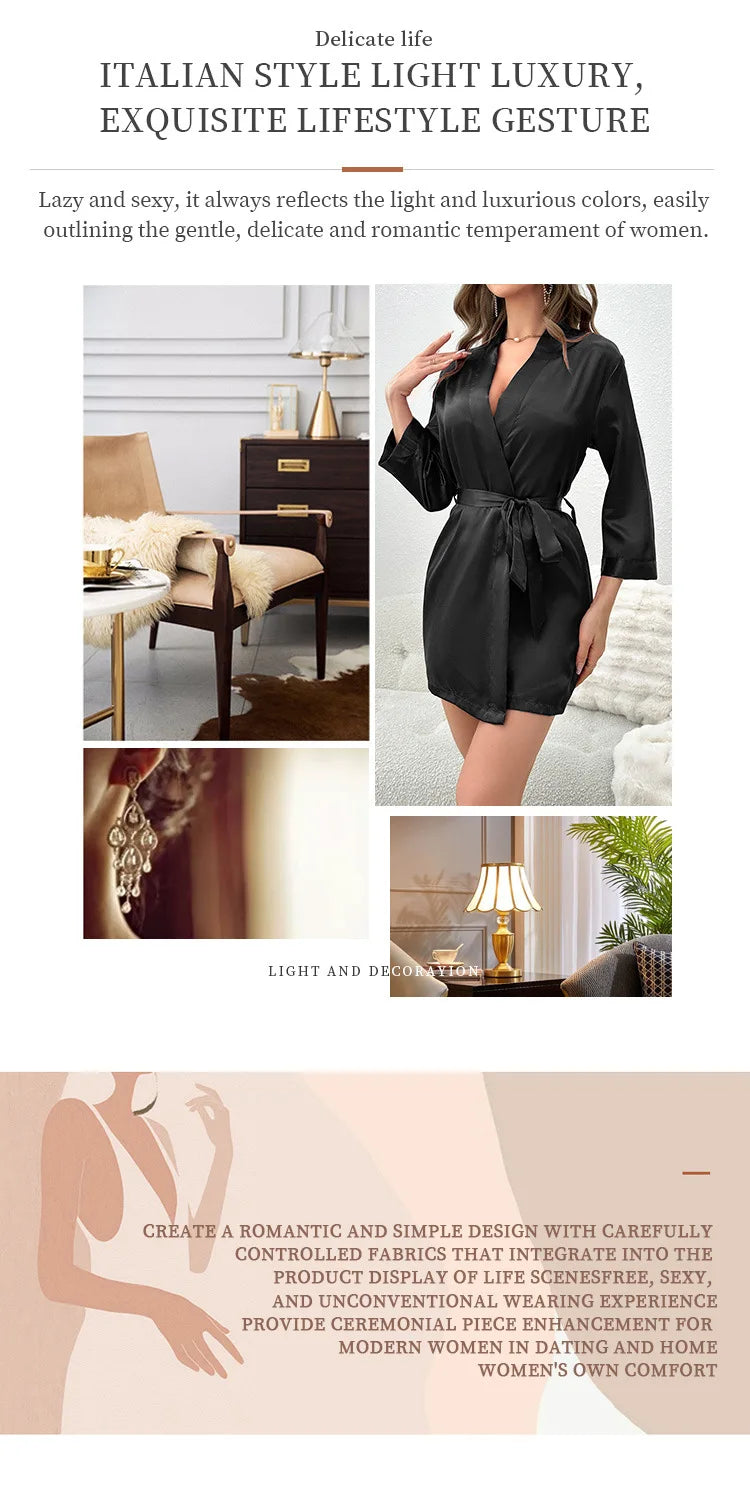Women’s Summer Ice Silk Robe – Sexy Lace-Up Bathrobe Morning Gown Home Dress Loungewear