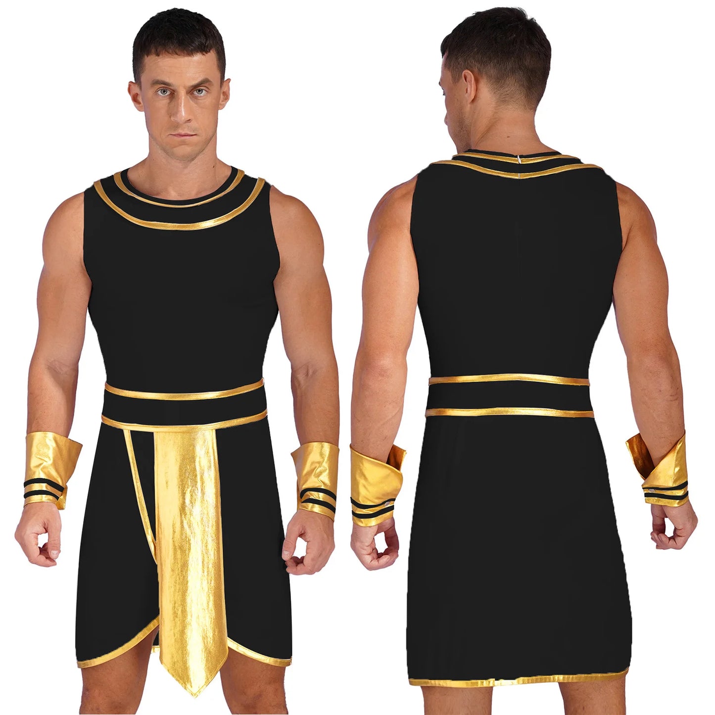 Men’s Ancient Greek & Egyptian Pharaoh Cosplay Costume – Metallic Shiny Toga Robe with Sleeves for Halloween & Roleplay