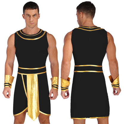 Men’s Ancient Greek & Egyptian Pharaoh Cosplay Costume – Metallic Shiny Toga Robe with Sleeves for Halloween & Roleplay