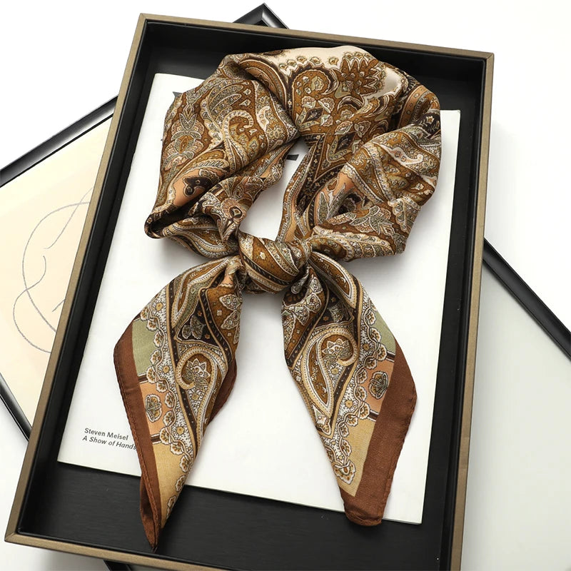 70x70CM Foulard en soie imprimé pour femme – Châle Pashmina carré tendance, tour de cou de luxe, bandeau et bandana décoratif