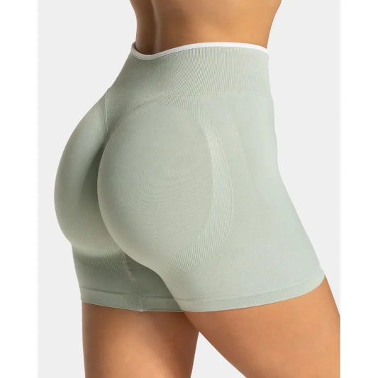 Pantalones cortos deportivos sin costuras de talle alto para mujer, con bloques de color, elevación de cadera, para yoga, correr, ajustados