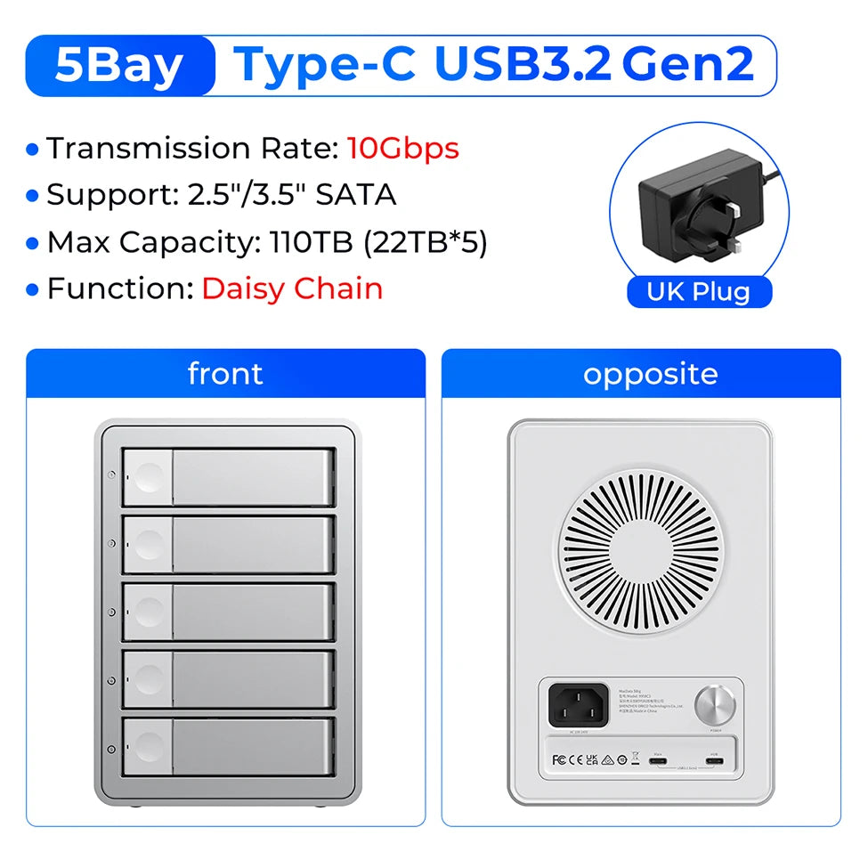 ORICO 4/5 Bay HDD Docking Station – USB 3.2 Type-C 10Gbps SATA Hard Drive Enclosure for 2.5" & 3.5" SSD HDD