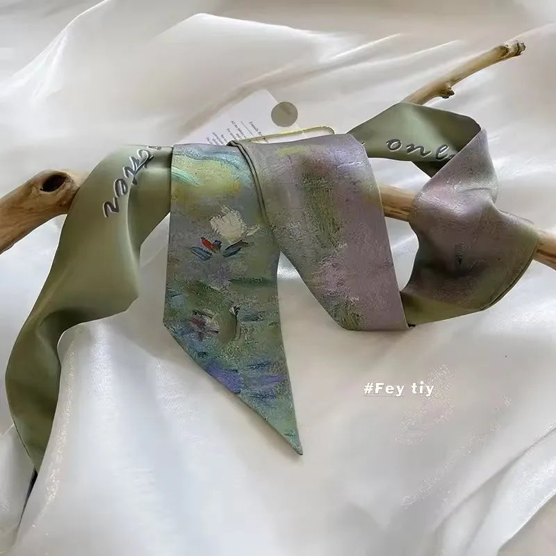 Khaki Nude Silk Scarf Hair Band – Vintage Satin Ribbon Bow Hair Accessory for Women | Elegant Fashion Hair Tie