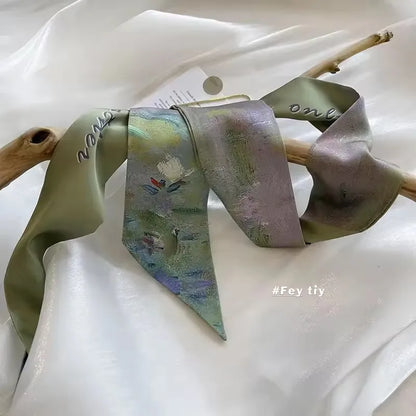 Khaki Nude Silk Scarf Hair Band – Vintage Satin Ribbon Bow Hair Accessory for Women | Elegant Fashion Hair Tie