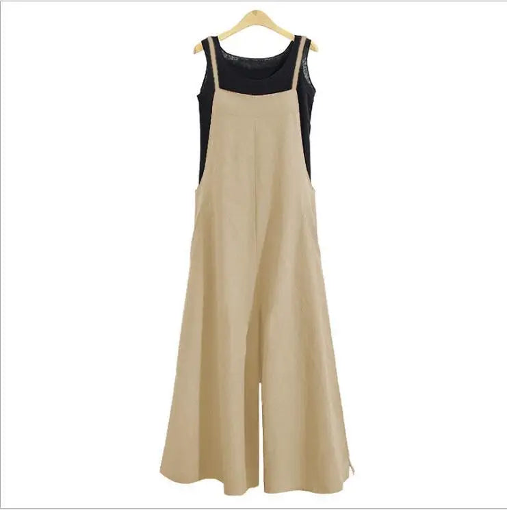 Women's Cotton Linen Wide Leg Jumpsuit Sleeveless Bib Overalls Casual Loose Summer Romper Plus Size 5XL