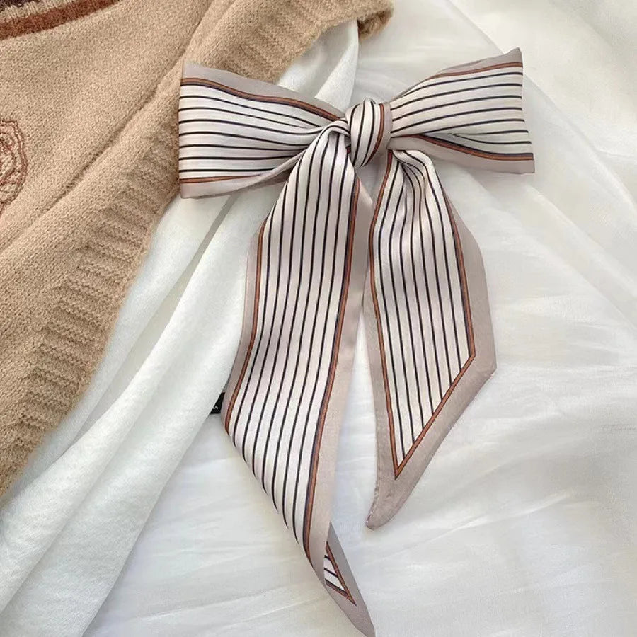 Khaki Nude Silk Scarf Hair Band – Vintage Satin Ribbon Bow Hair Accessory for Women | Elegant Fashion Hair Tie